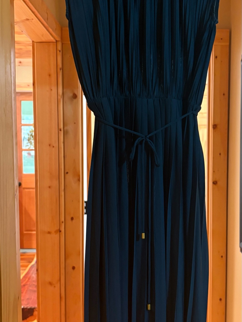 H&M Dark Navy Pleated Sleeveless Maxi Dress with Waist Tie